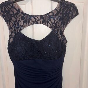Betsy & Adam Navy Backless Lace Dress